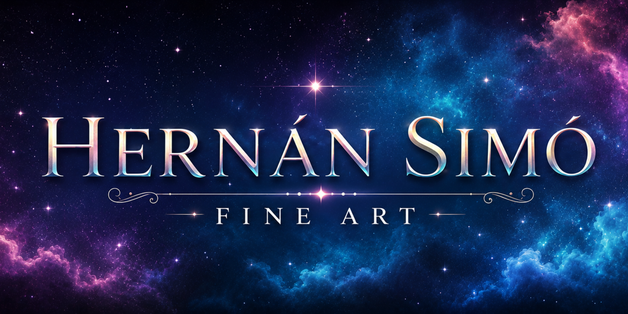 Colorful cosmic background with text "Hernán Simó Fine Art" prominently displayed