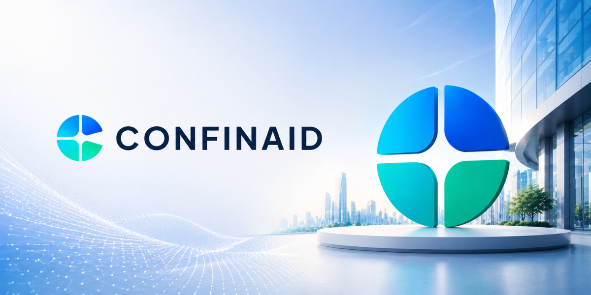 Logo of ConfinAid beside a large, modern emblem in a futuristic city setting