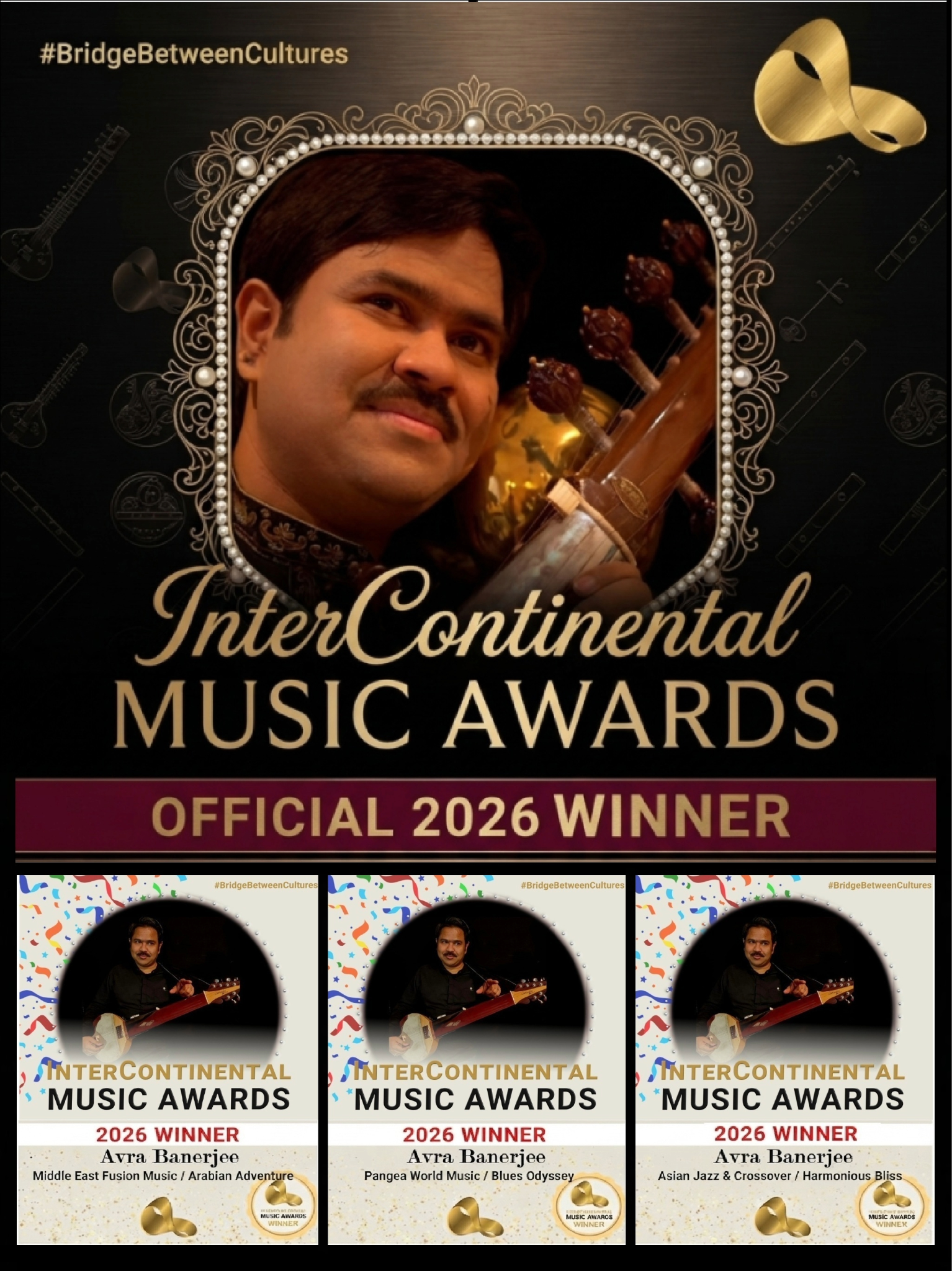 Poster showcasing 2026 InterContinental Music Awards winner with three award certificates