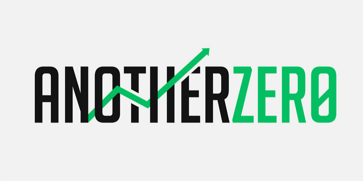 Logo for AnotherZero featuring a green upward arrow and bold black text