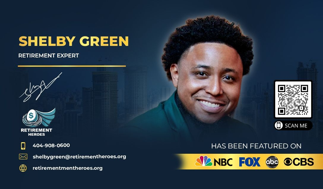 Business card of Shelby Green, retirement expert with contact details and media features