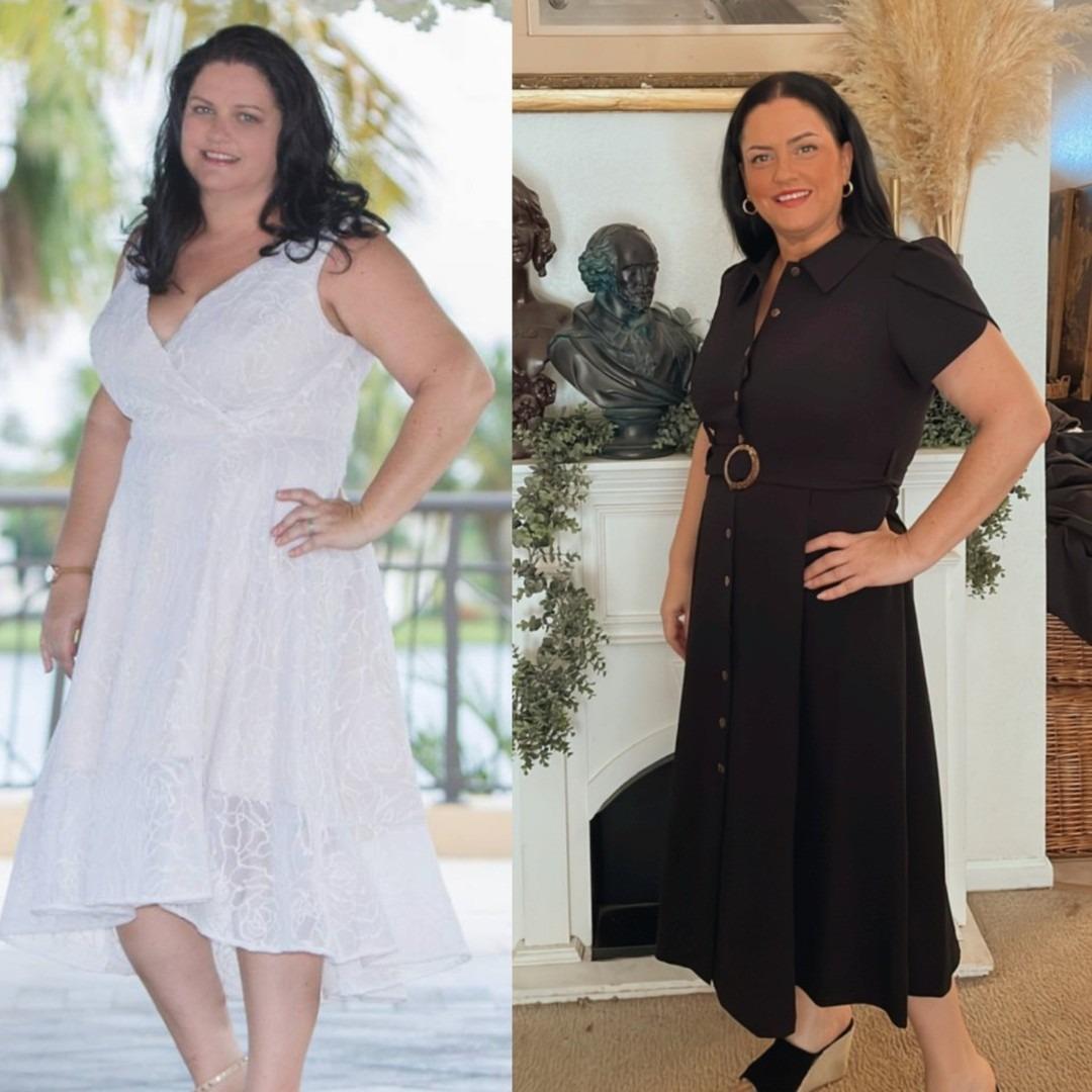 Side-by-side transformation photo of a woman in two stylish outfits, showcasing weight loss and confidence