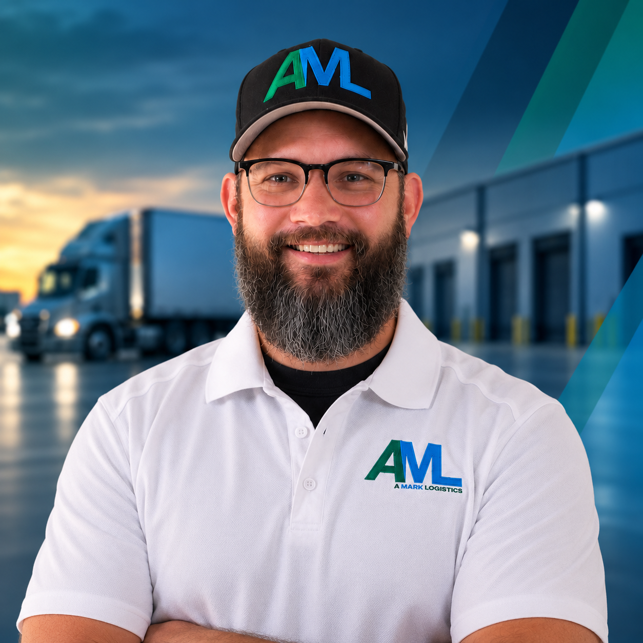 Man with beard wearing a cap and polo, standing in a logistics facility