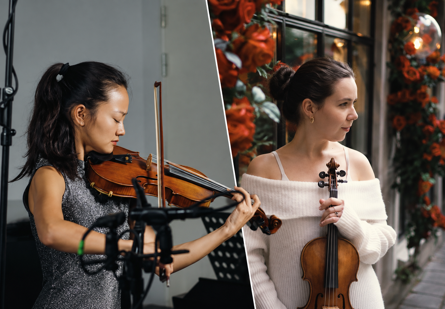 Two women playing the violin, one indoors and one outdoors with floral decor