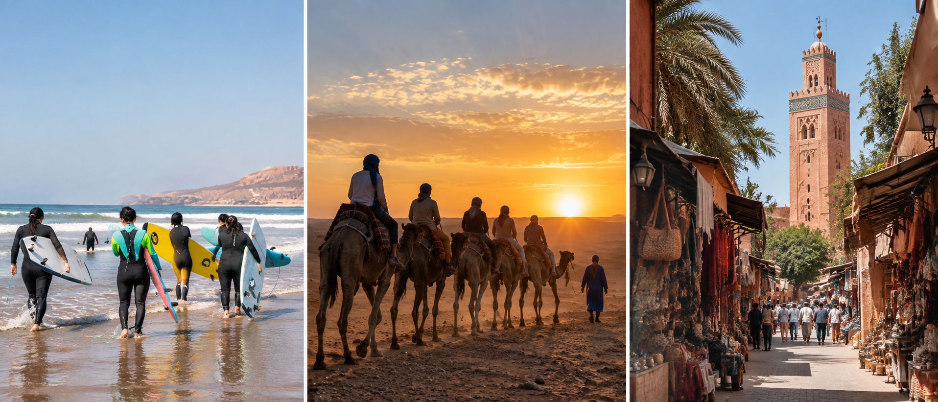 Three scenes: surfers at the beach, camel riders in the desert, and a market street