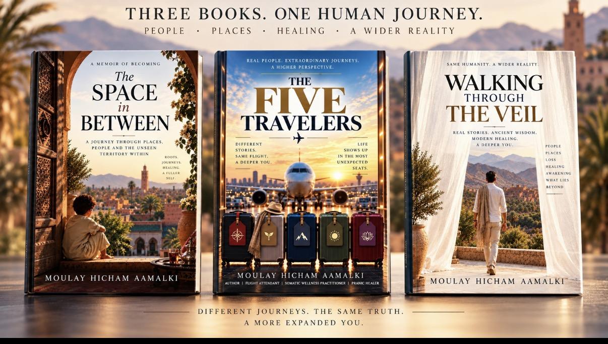 Three book covers by Moulay Hicham Aamaliki showcasing human journeys and healing themes