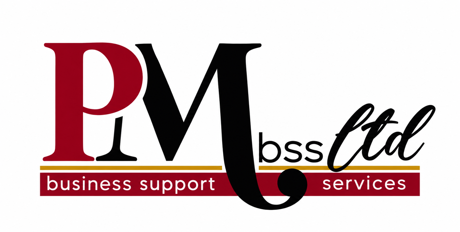 Logo featuring the letters PM in red and black, with "business support services" in smaller text