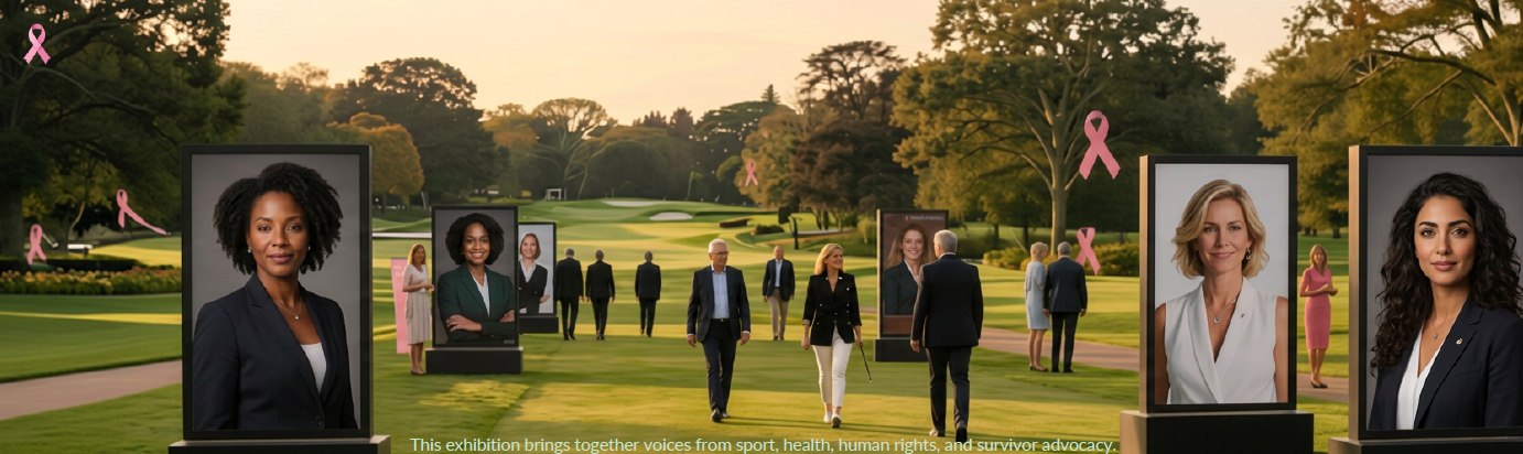 Outdoor exhibition featuring portraits of individuals on a golf course with pink ribbons