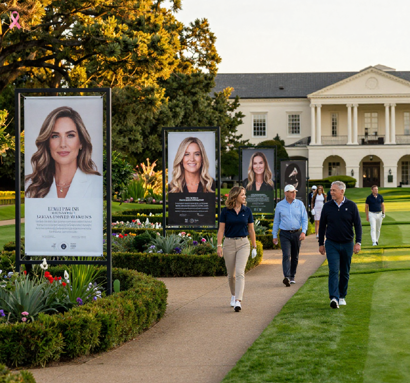 People walking through a landscaped area with large posters featuring women’s portraits.