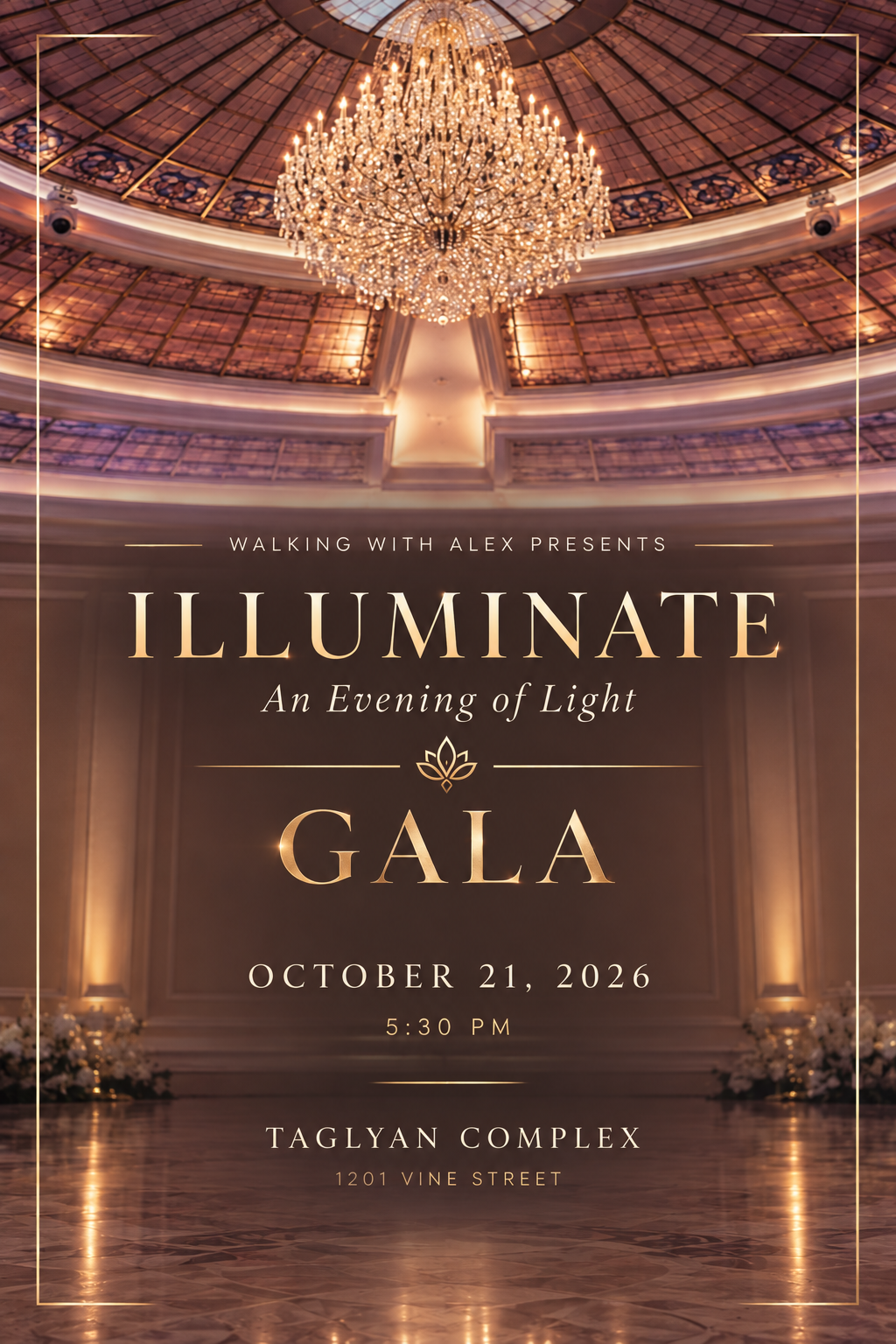 Elegant gala invitation featuring a chandelier and event details on a lavish venue background