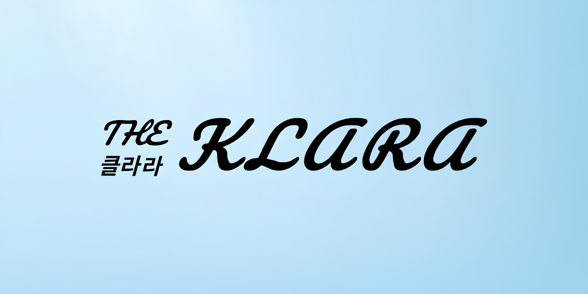 Text displaying "THE KLARA" in a stylish font against a light blue background