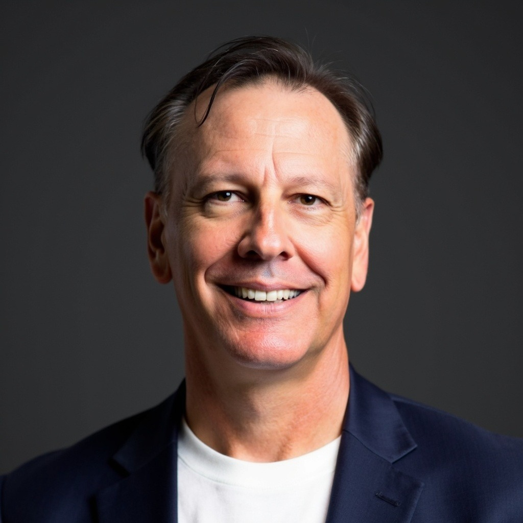 Smiling man in a blazer and T-shirt against a dark background