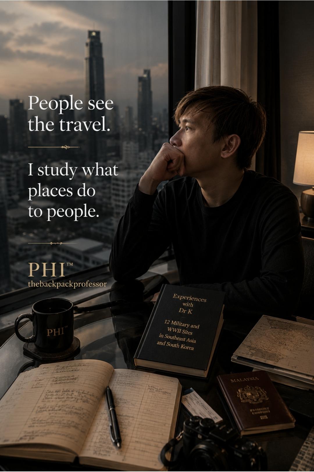 A person gazes thoughtfully out a window with travel books and notes on a desk