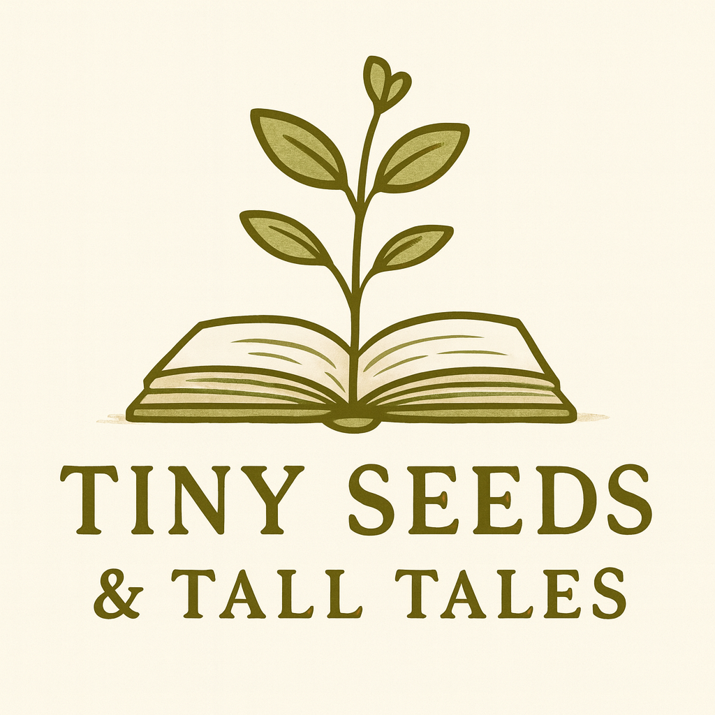 Logo featuring an open book with a sprouting plant above the text "Tiny Seeds & Tall Tales"