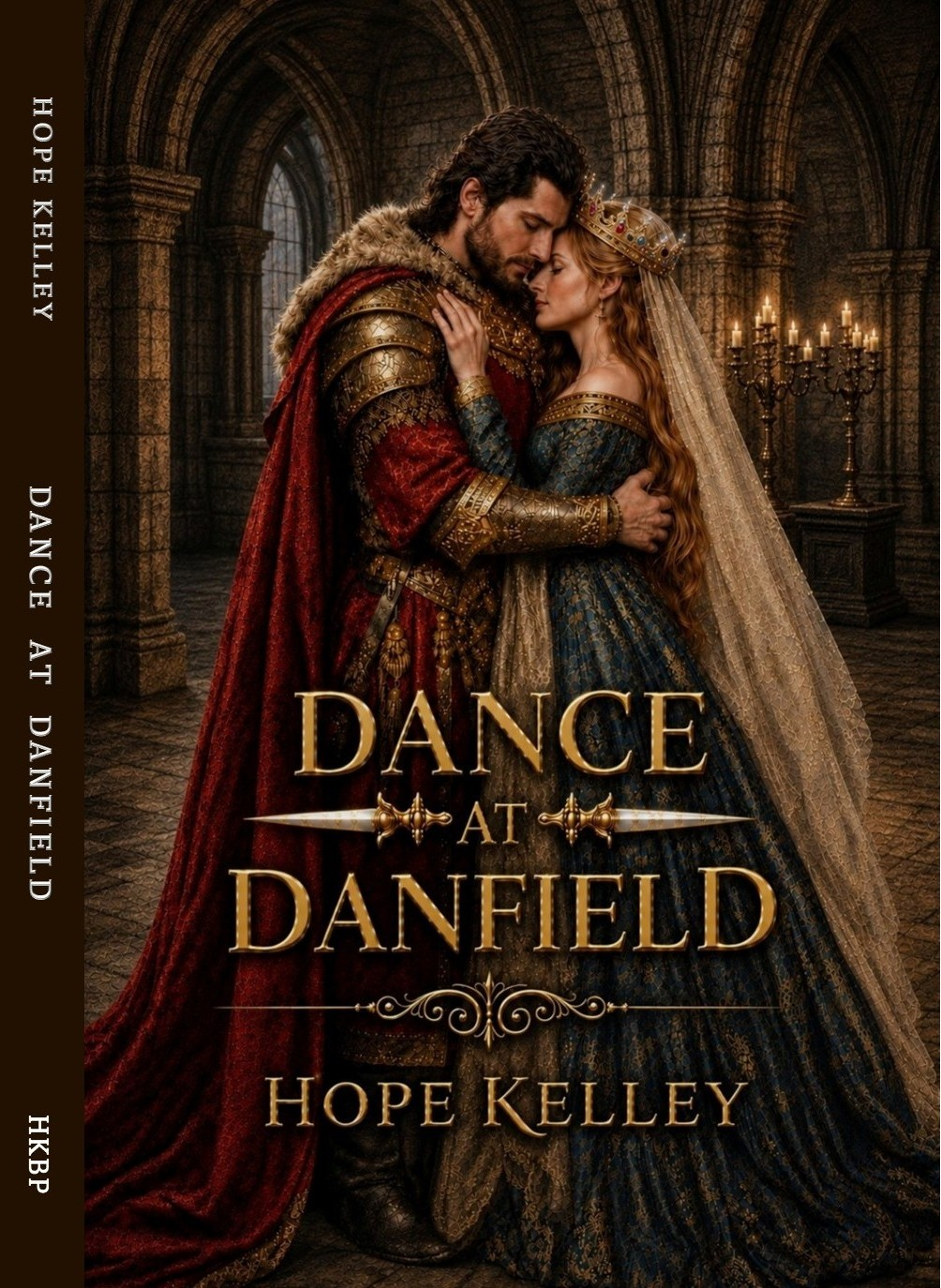 Book cover featuring a couple in medieval attire embracing in a castle setting