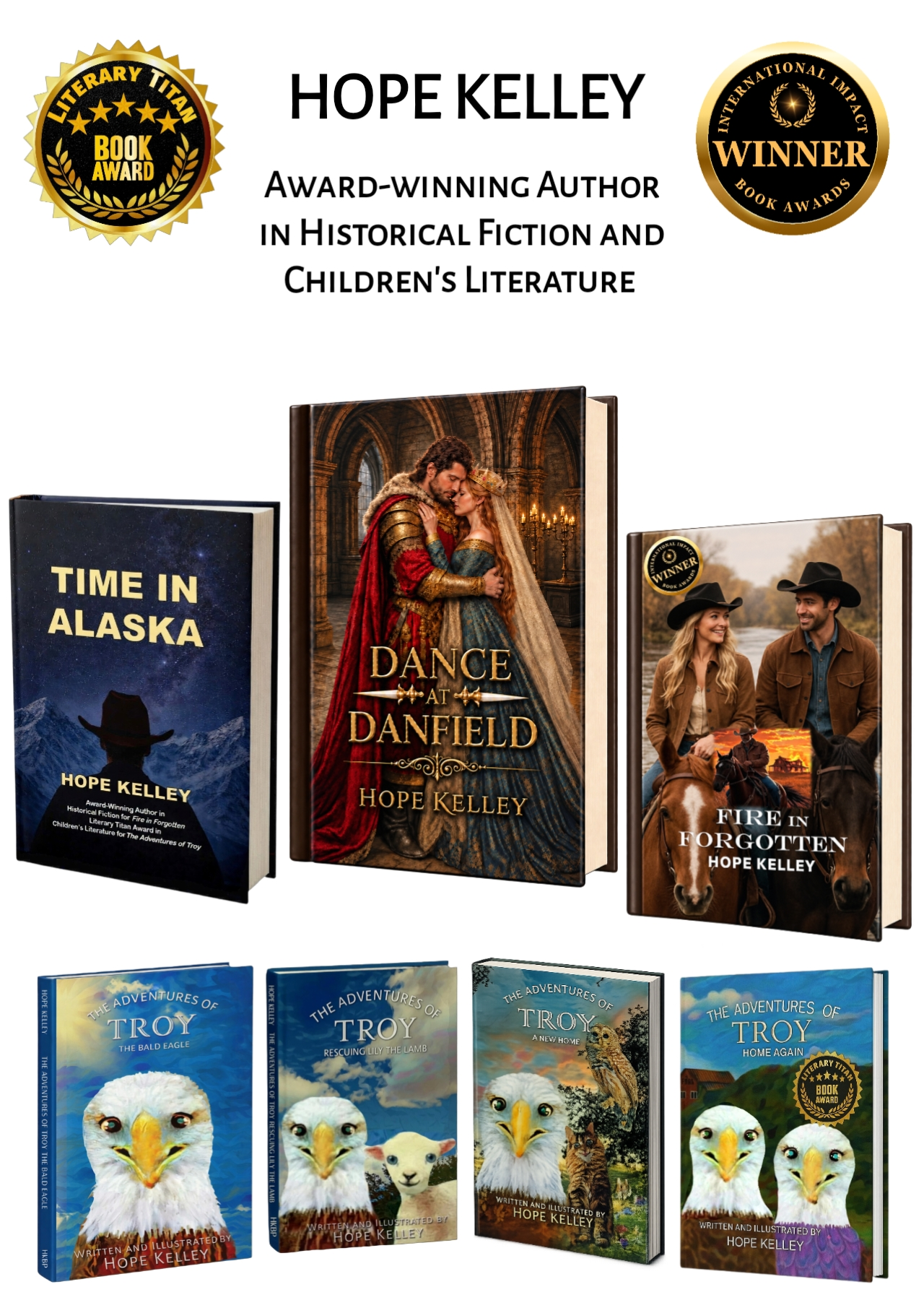 Book cover collage featuring titles by award-winning author Hope Kelley
