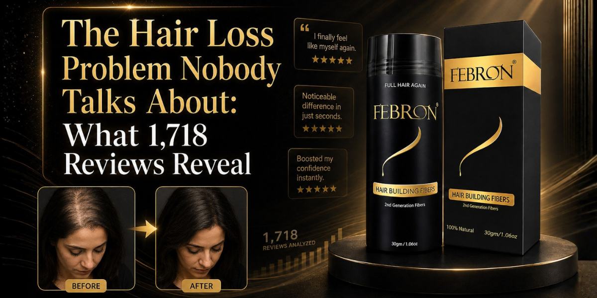 Promotional image for Febron hair building fibers showing before and after results.
