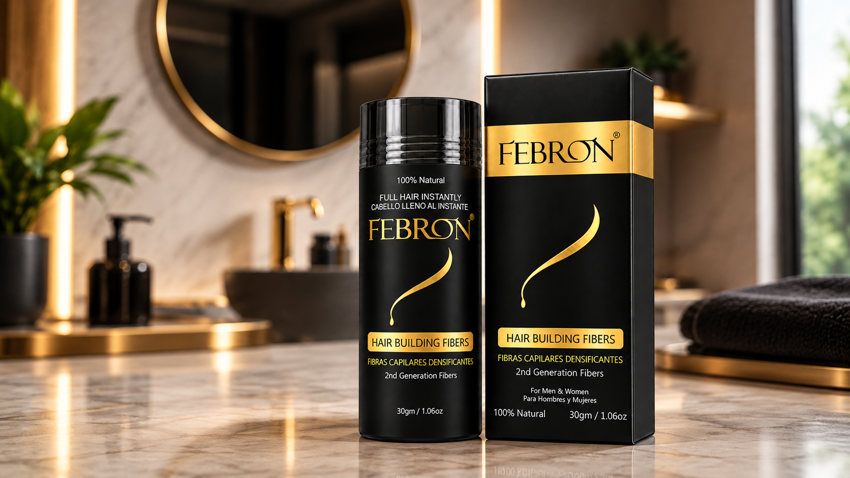Hair building fibers product displayed on a marble countertop with elegant bathroom decor