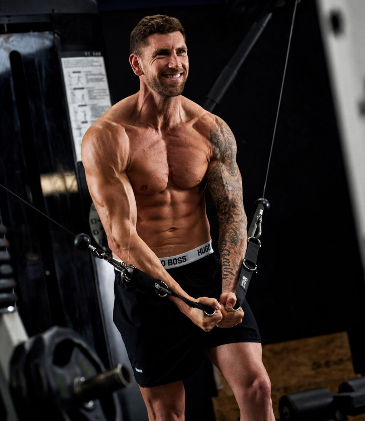 Muscular man exercising in a gym, performing a cable machine workout with a smile