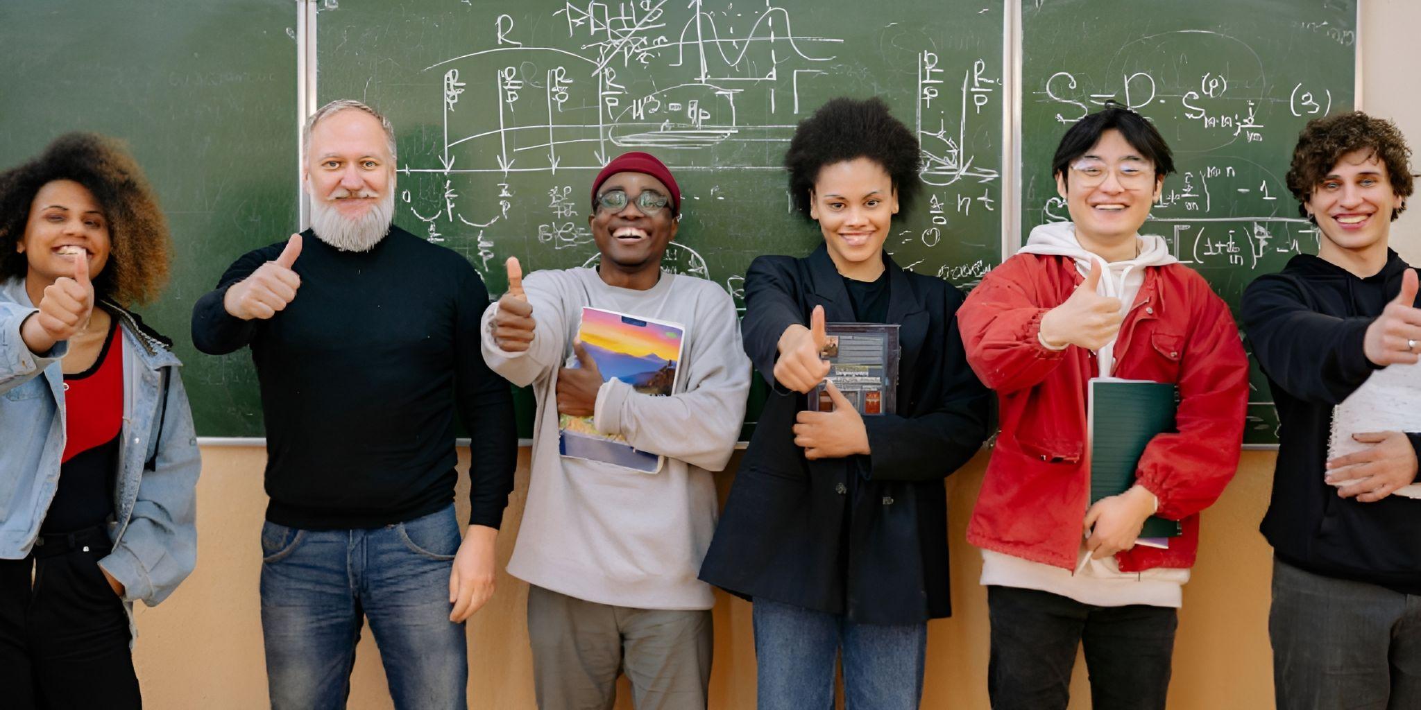 A diverse group of six smiling individuals giving thumbs up in a classroom