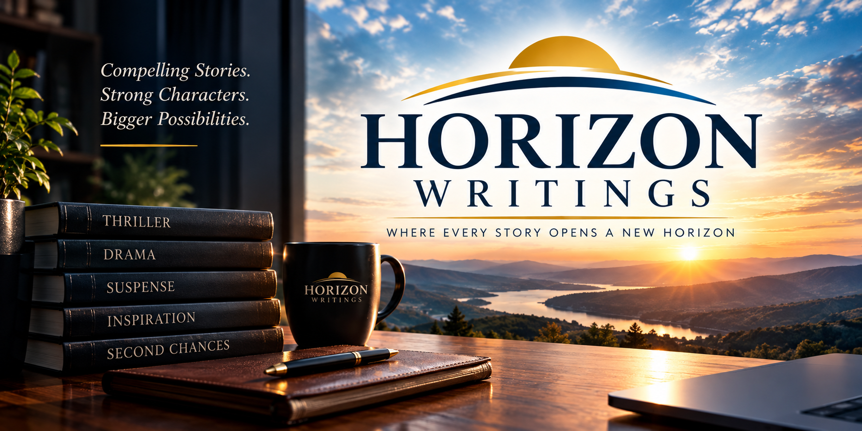 Logo of Horizon Writings with books, coffee, and a sunset over a lake