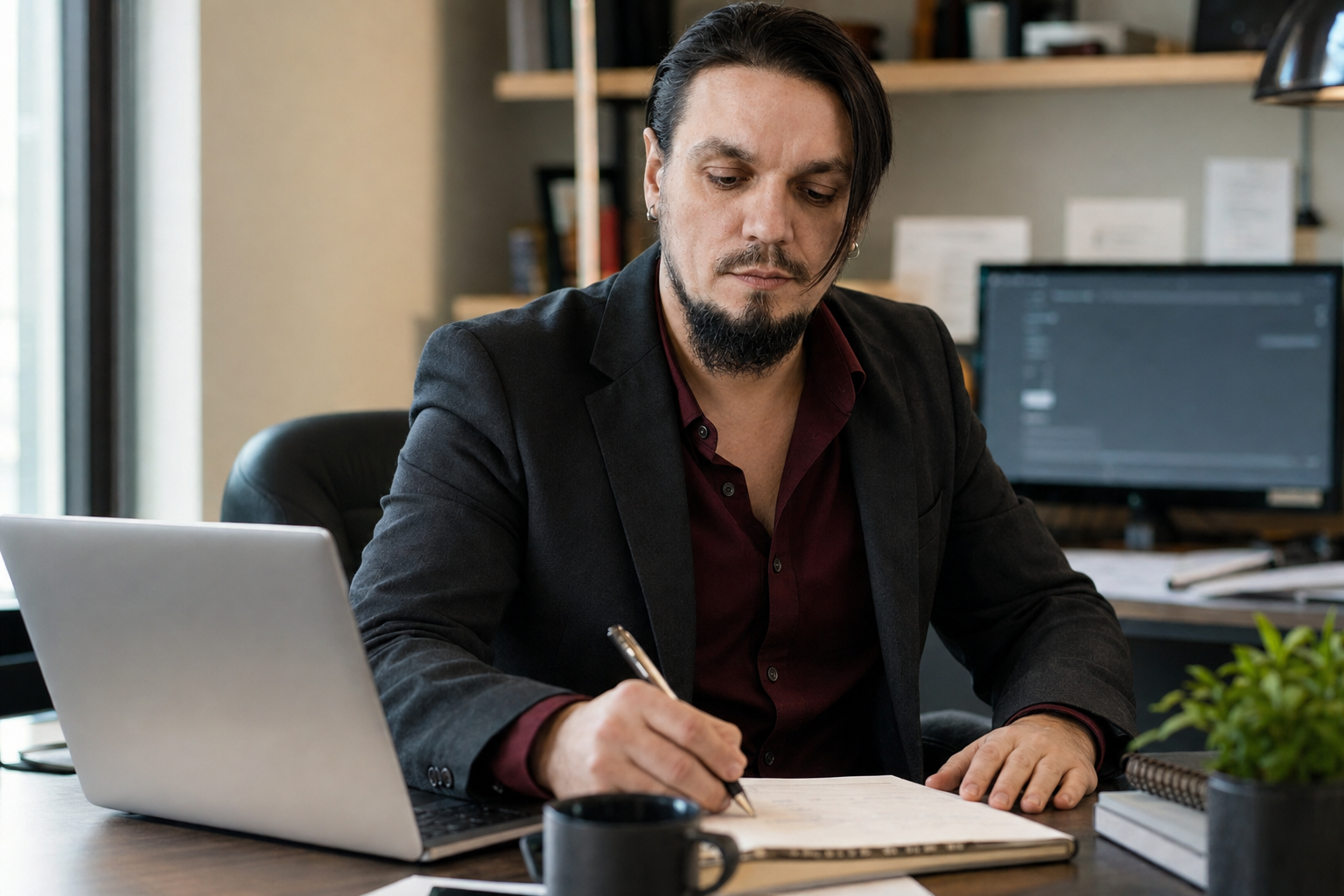 Man in a suit writing notes at a desk with a laptop and plant
