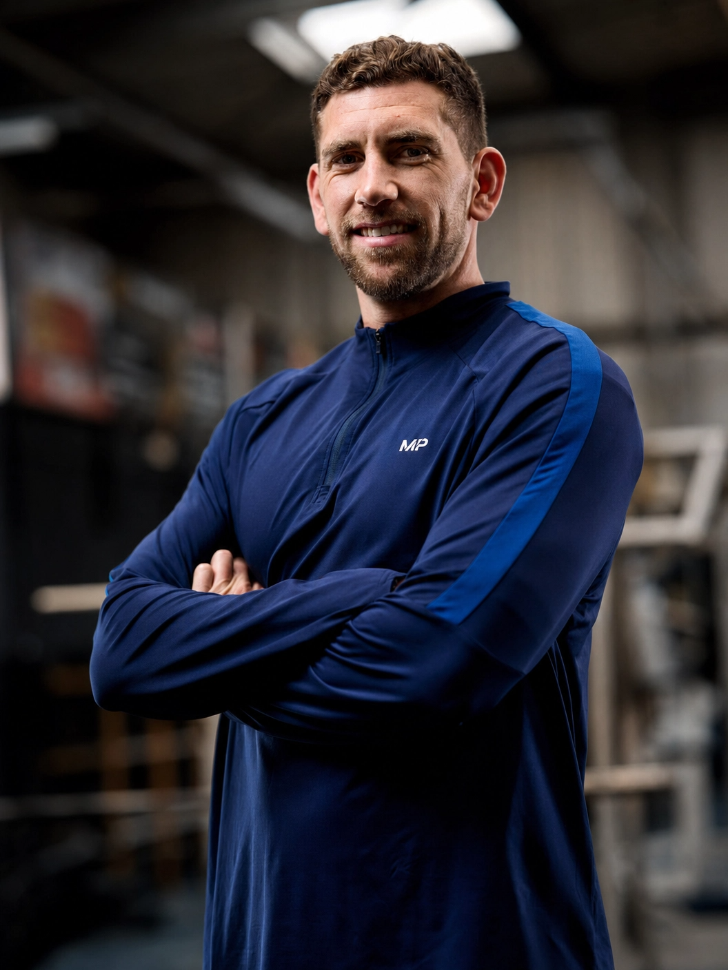 Man with crossed arms wearing a navy athletic jacket in a gym setting