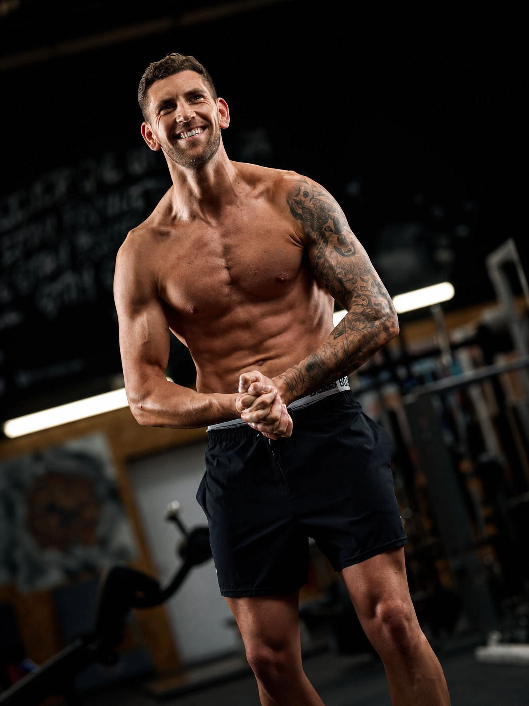 Muscular man with tattoos smiling in a gym setting, arms crossed confidently