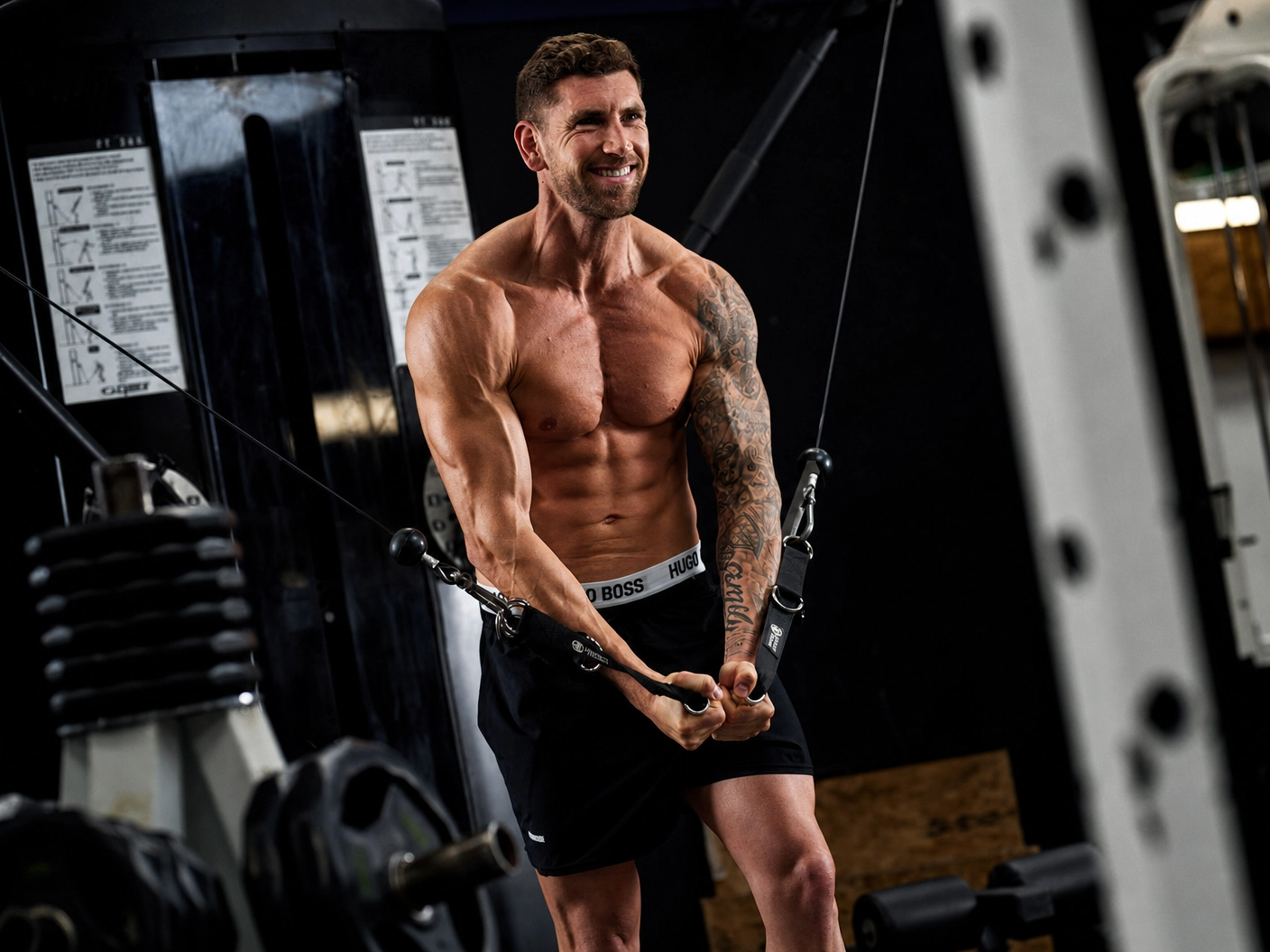 Athletic man with tattoos exercising on cable machine in gym environment
