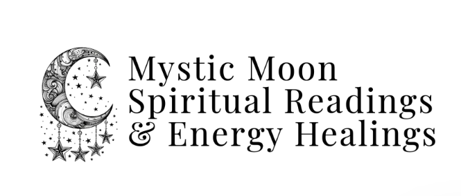 Logo for Mystic Moon featuring a crescent moon and stars with text about spiritual services
