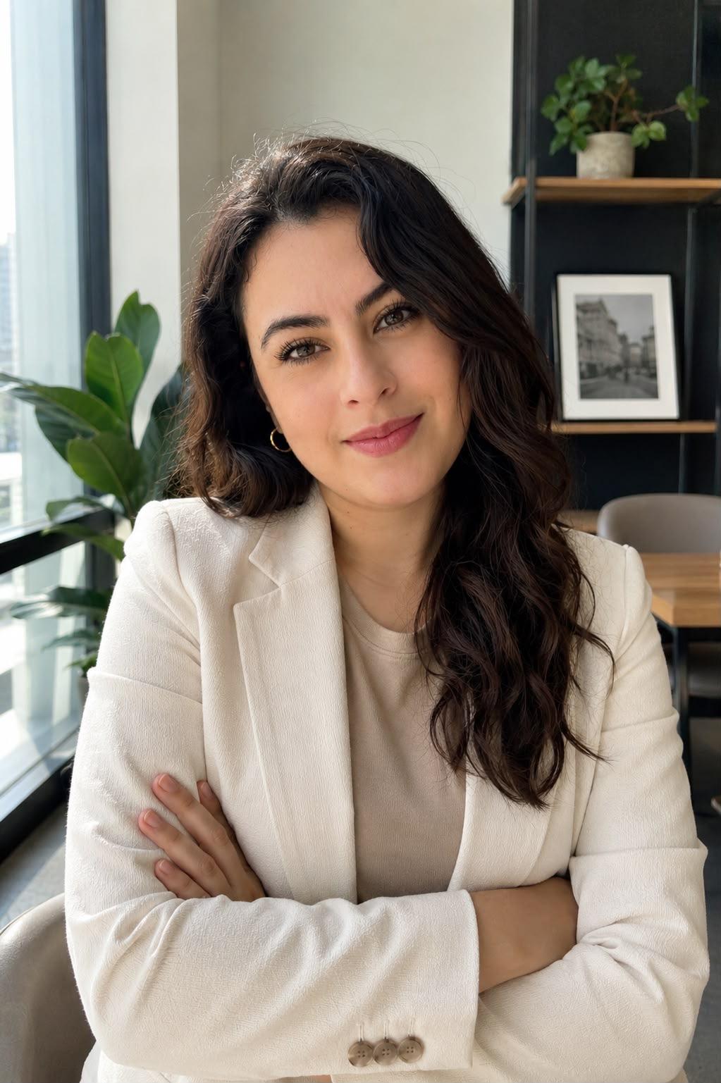 A woman with dark curly hair in a white blazer smiling confidently in a cafe