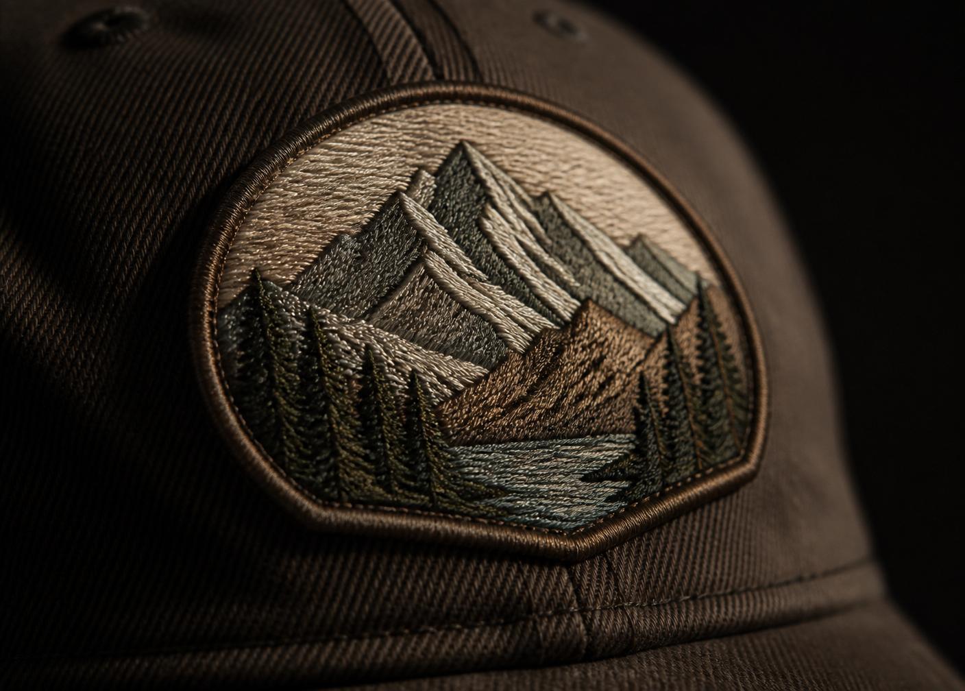 Close-up of a hat featuring an embroidered mountain and lake scene
