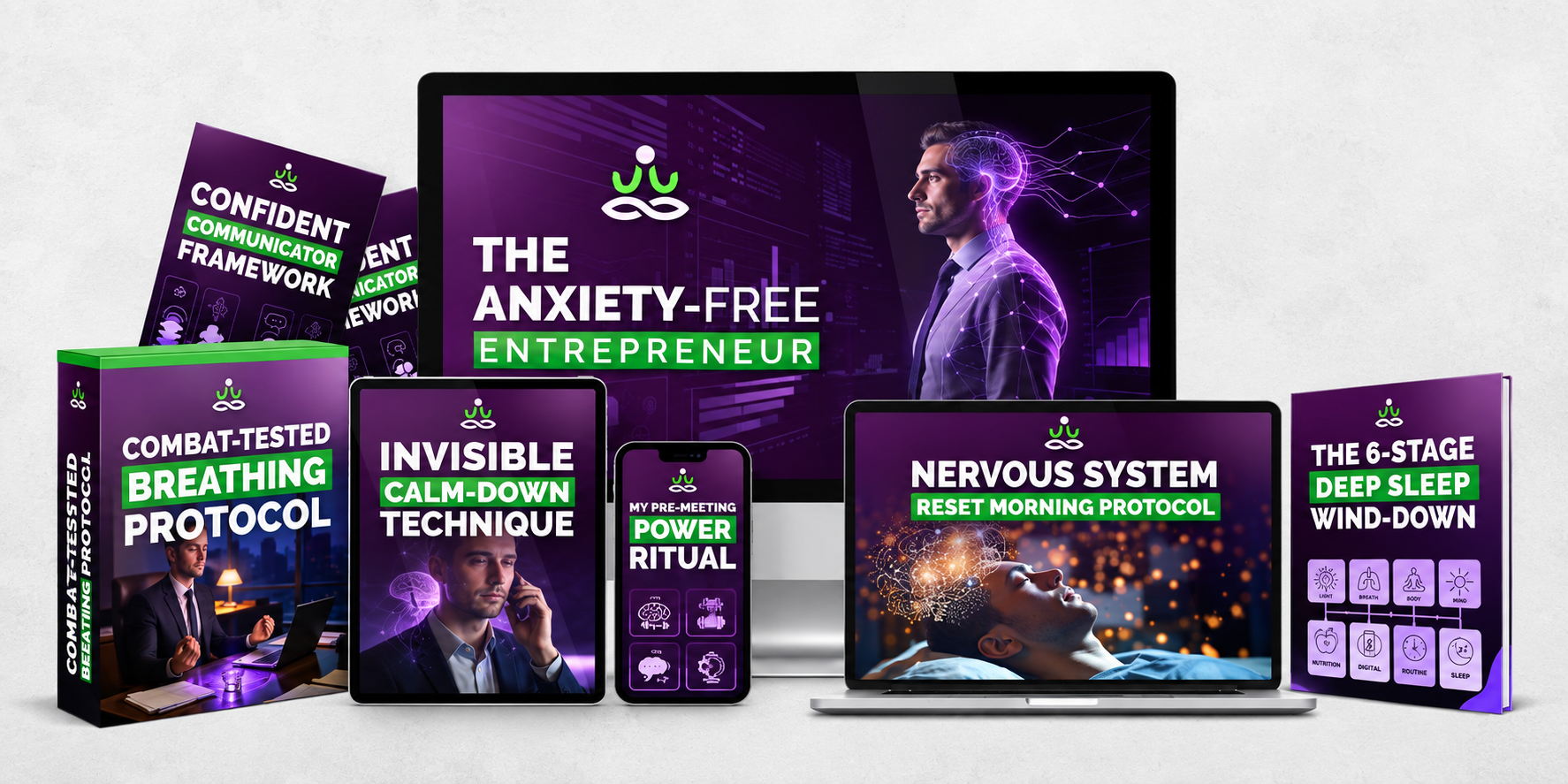Anxiety-Free Entrepreneur program materials featuring guides, videos, and wellness protocols displayed on devices.