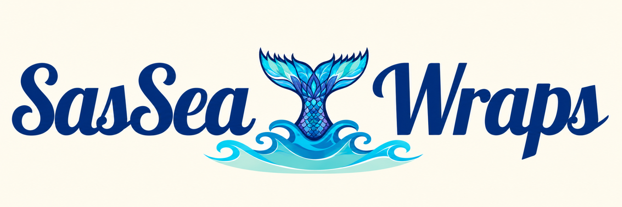 Logo for SasSea Wraps featuring a stylized mermaid tail and ocean waves