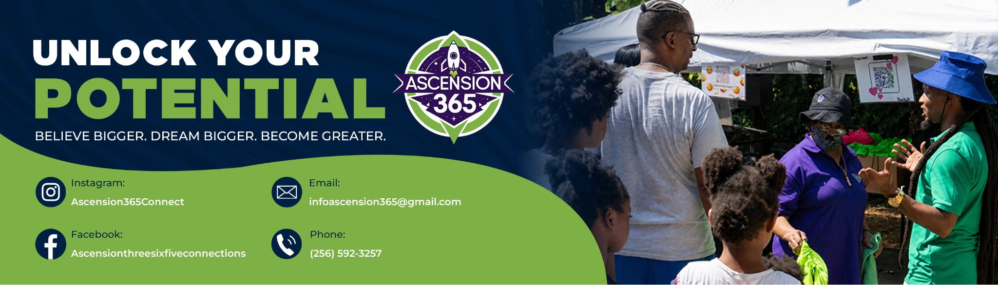 Banner promoting Ascension 365 with contact info and people engaging in activities outdoors