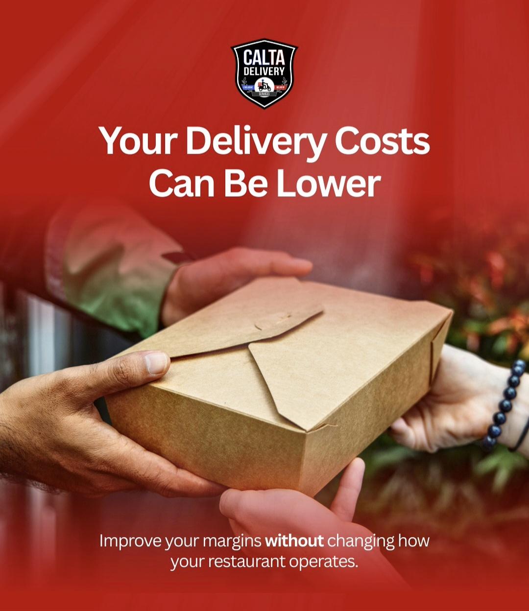 Hands exchanging a takeout box with a promotional message about delivery costs