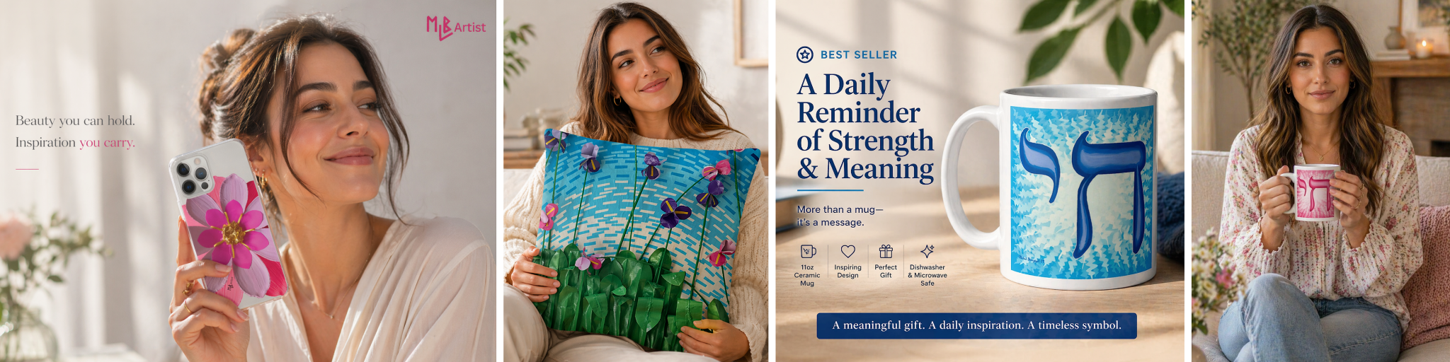 Collage featuring women with decorative items, emphasizing strength and meaningful gifts.