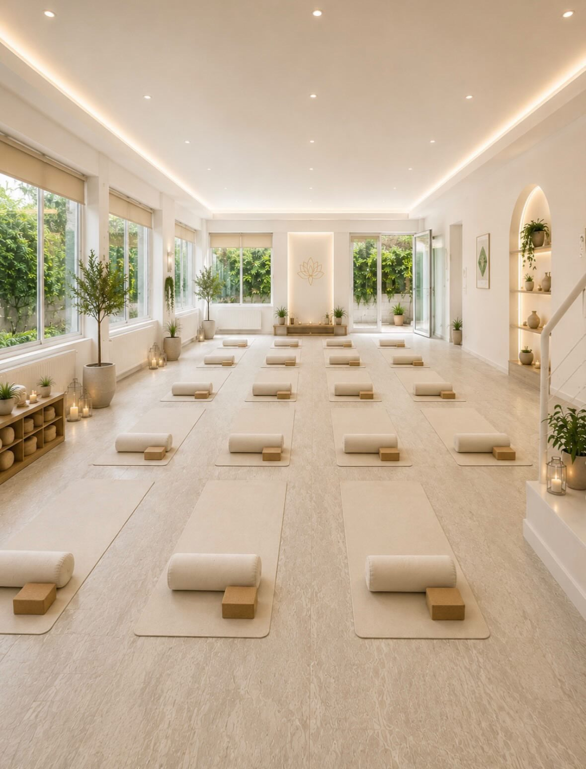 Spacious yoga studio with mats, blocks, and candles in a serene atmosphere