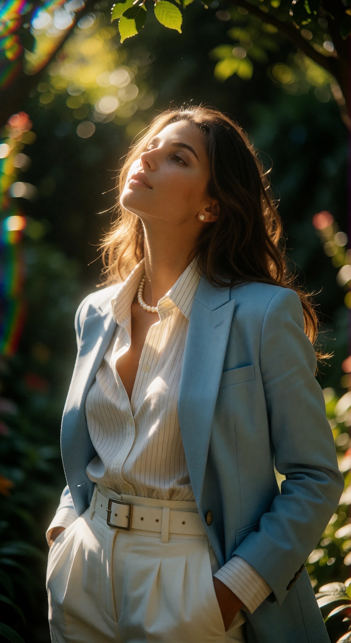 Woman in a light blue blazer and white blouse poses serenely in a lush garden
