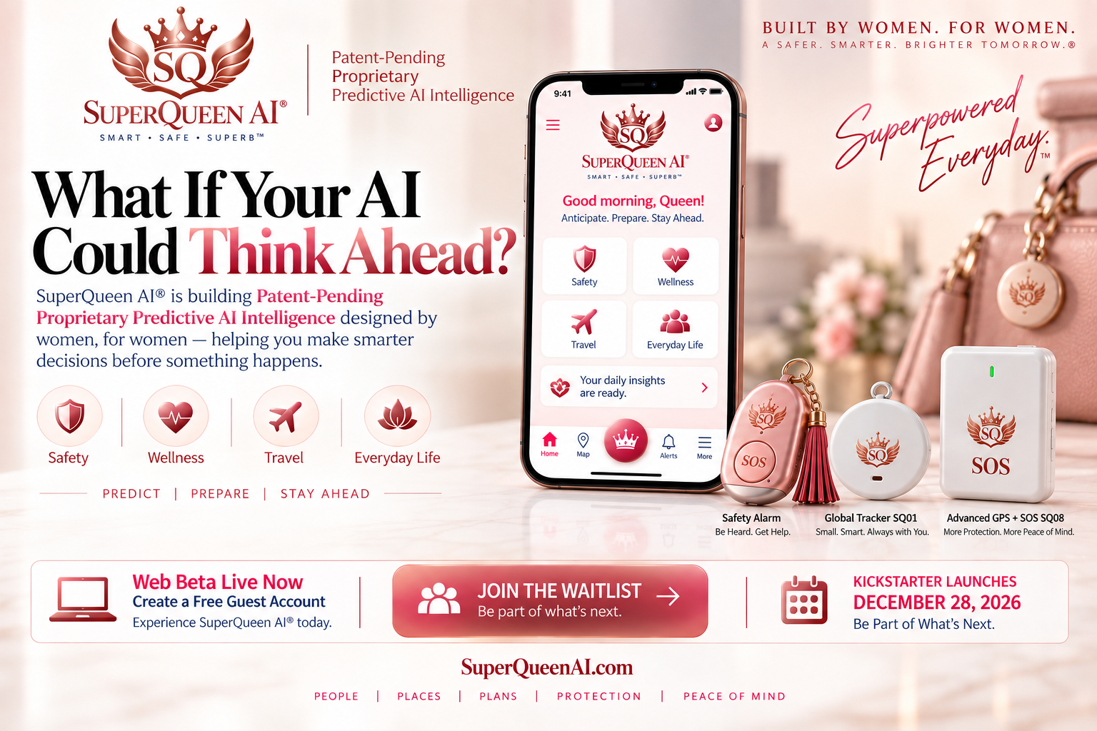 Advertisement for SuperQueen AI highlighting safety features and predictive intelligence for women
