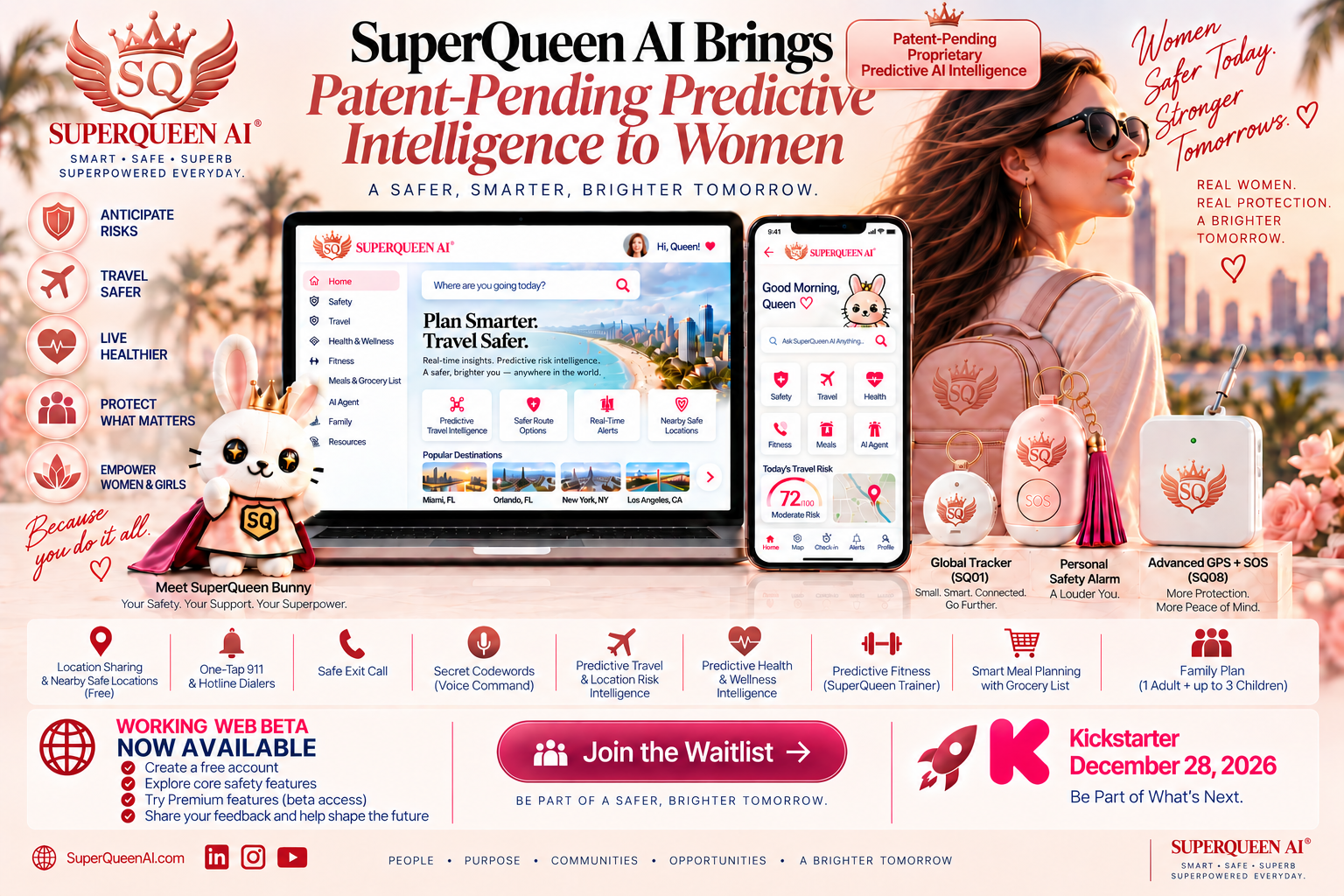 Promotional graphic for SuperQueen AI featuring services for women, technology, and a mobile app.
