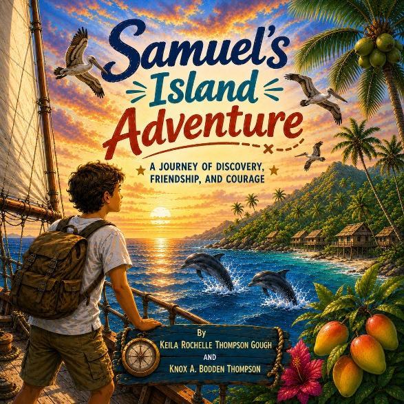 A boy observes dolphins near tropical islands while sailing on a boat