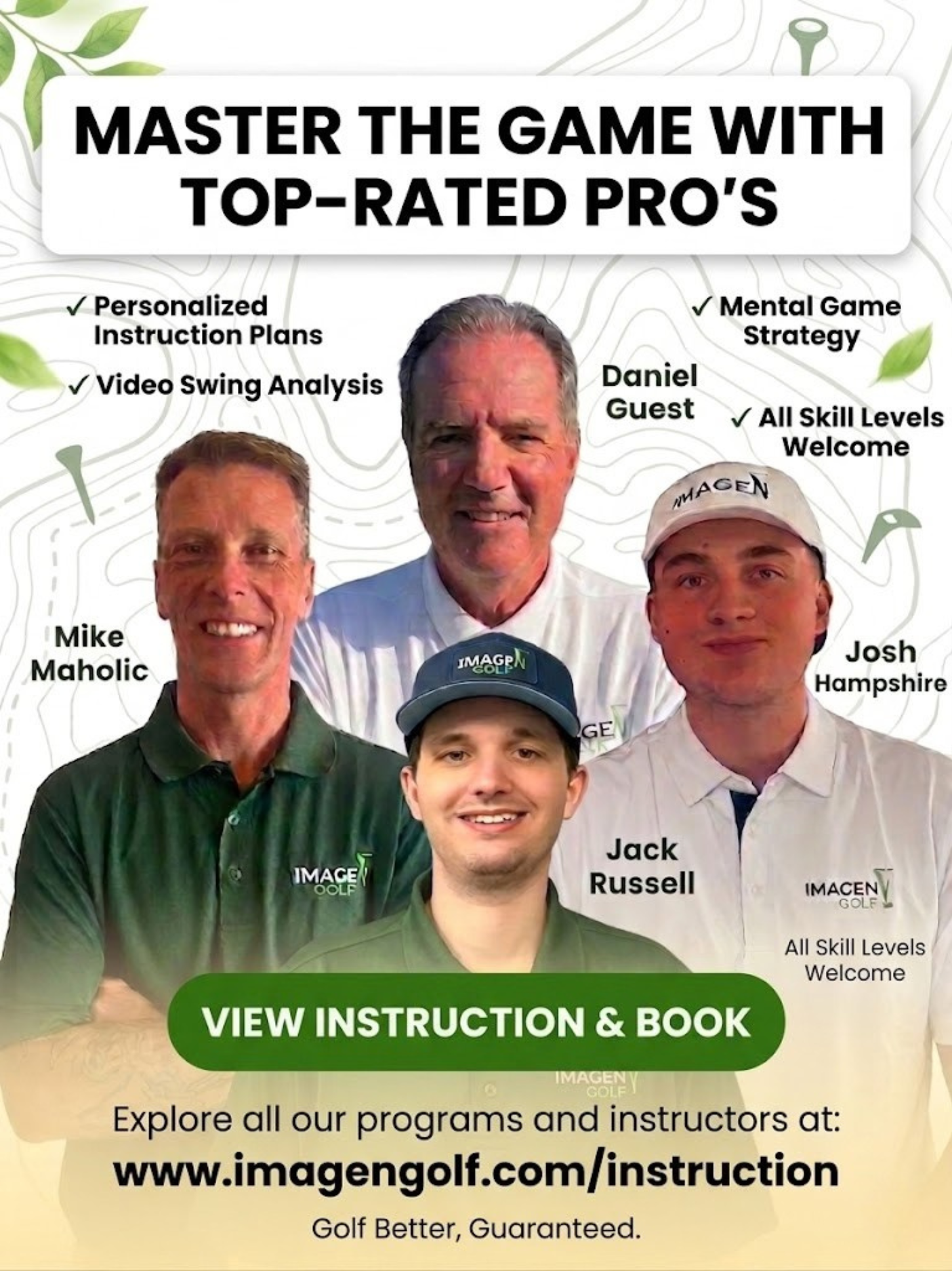 Promotional image for golf instruction featuring four top-rated instructors and their services
