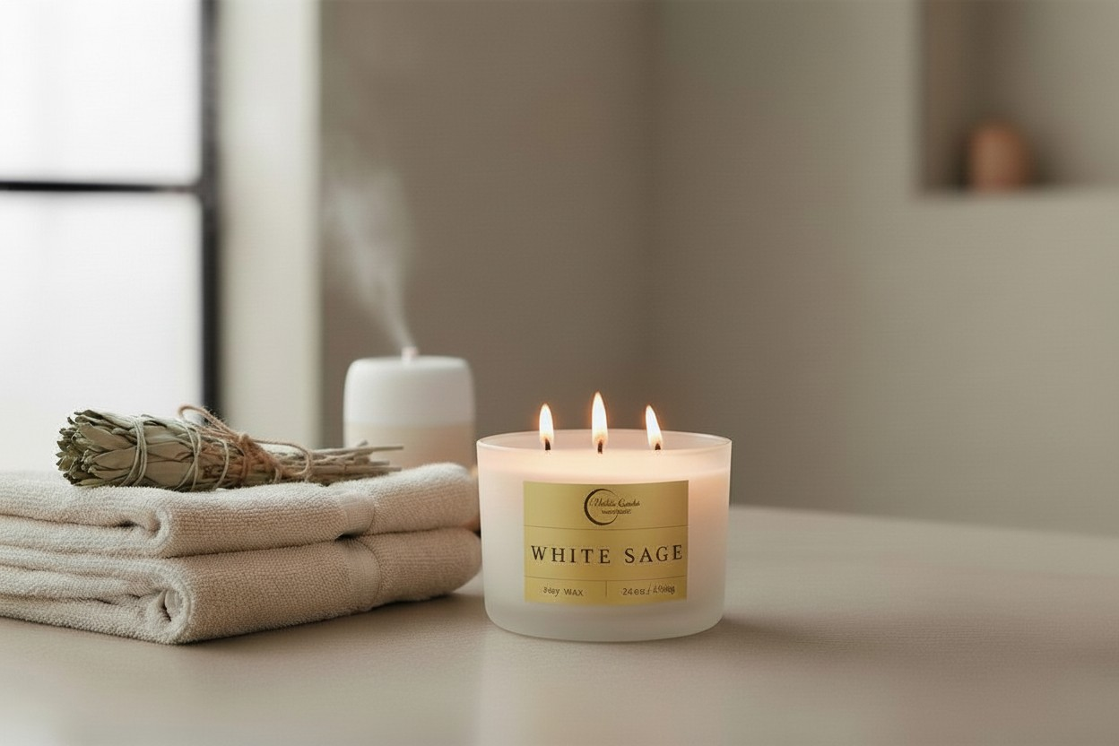 A candle labeled "White Sage" burns with three flames beside towels and a sage bundle