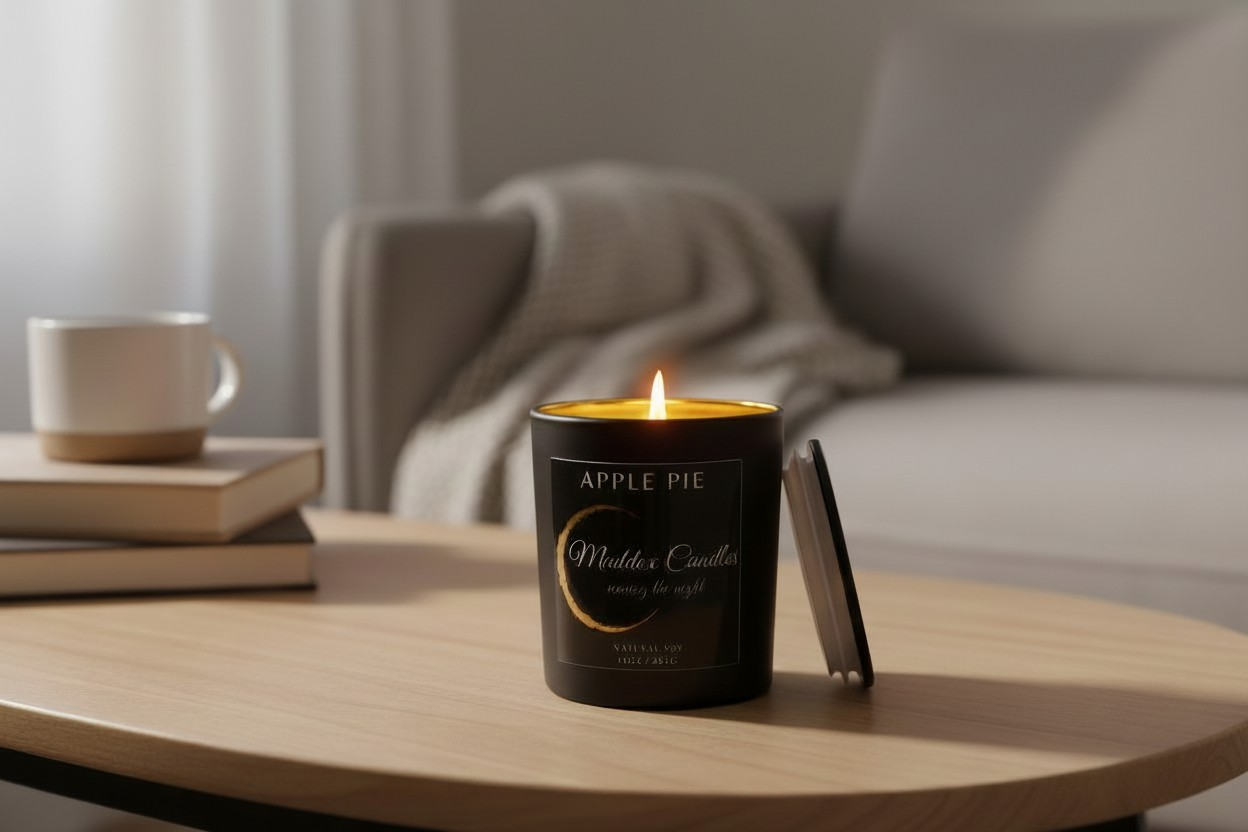 A lit apple pie candle on a wooden coffee table with coffee and books nearby