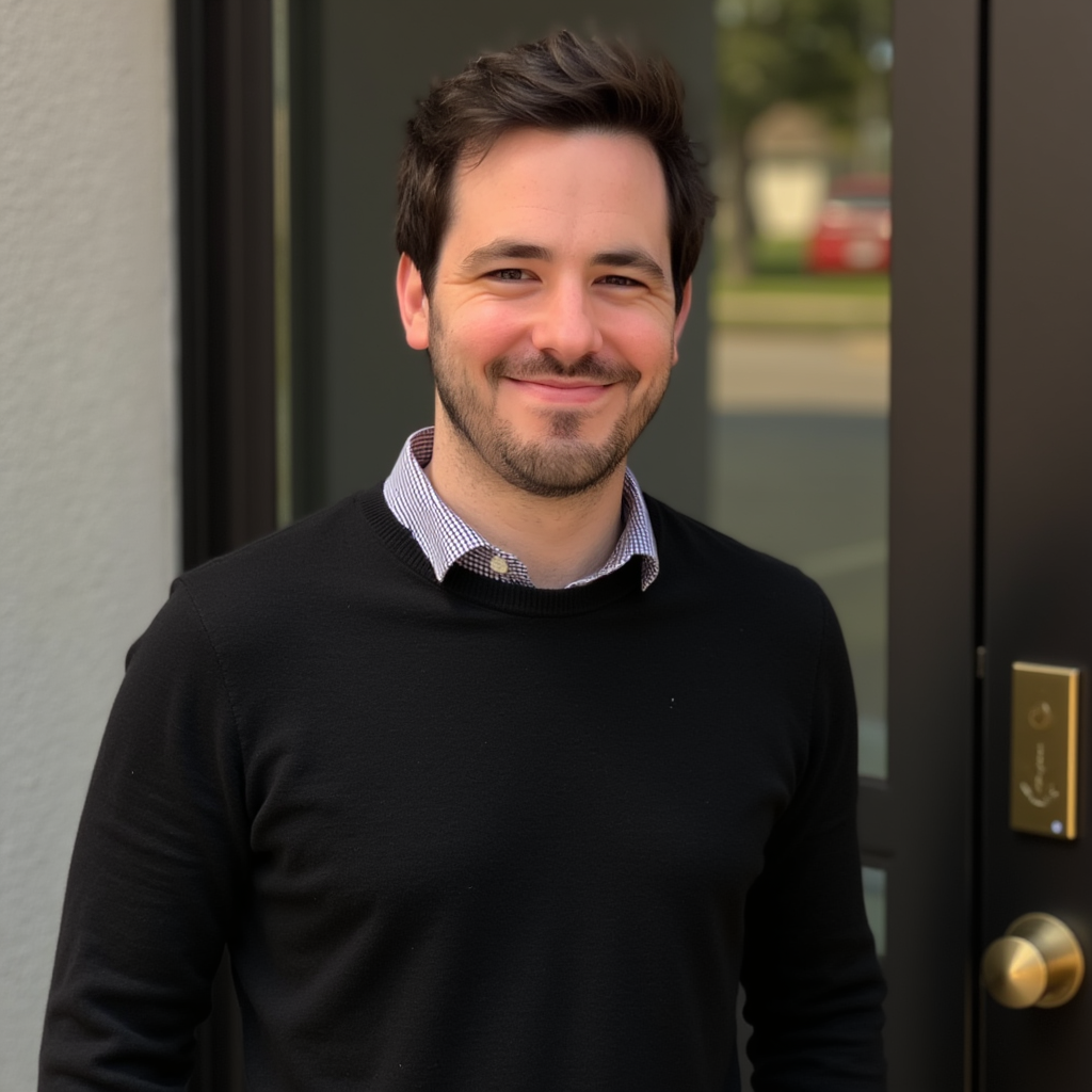 Smiling man in a black sweater standing outside a modern building doorway
