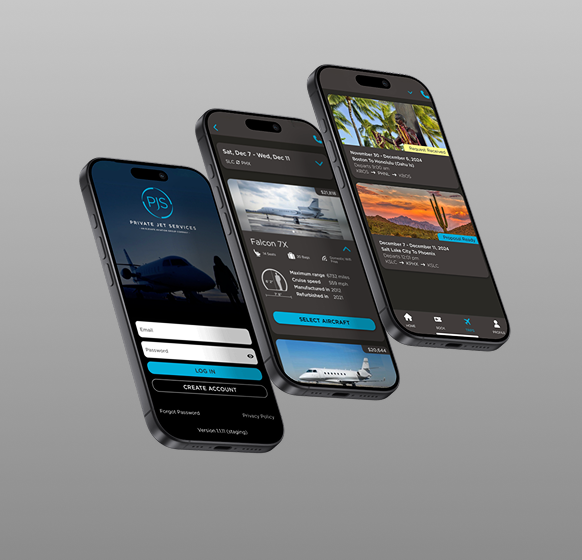 Three smartphones displaying a private jet service mobile app interface on a gray background