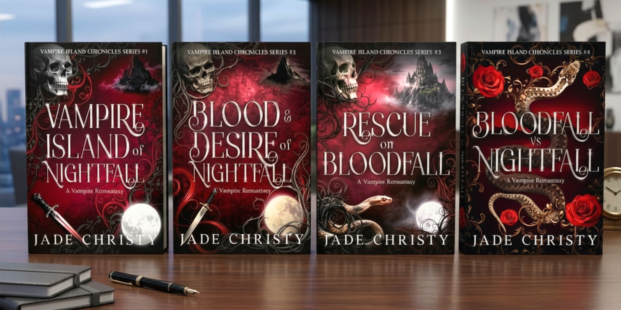 Four fantasy book covers by Jade Christy featuring dark themes and vampire elements