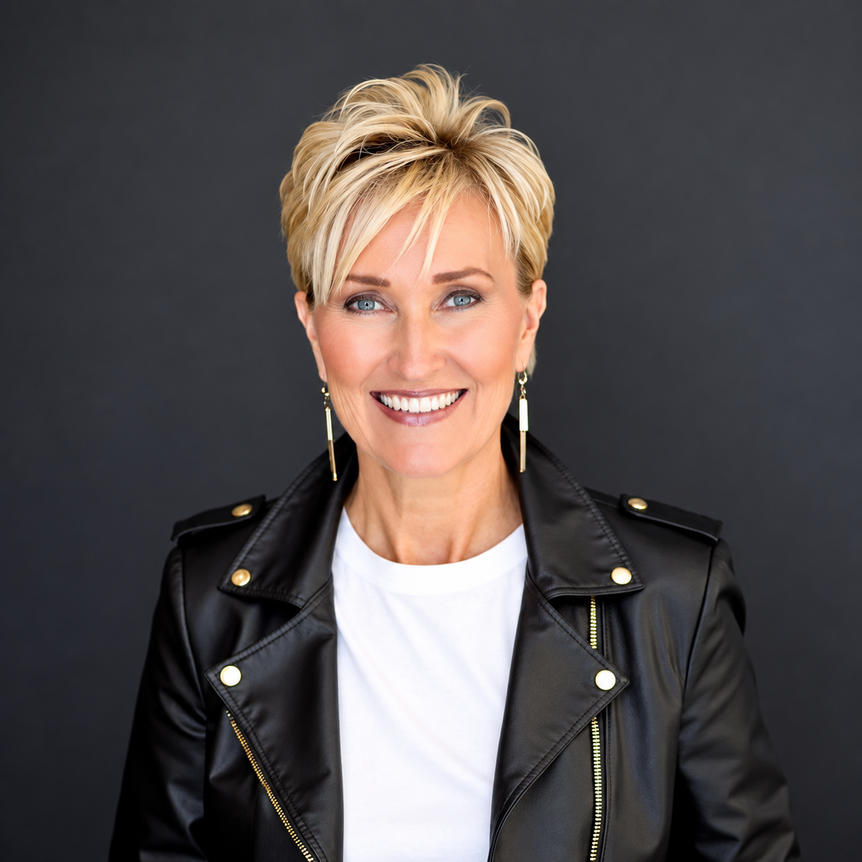 Woman with short blonde hair wearing a black leather jacket and white shirt