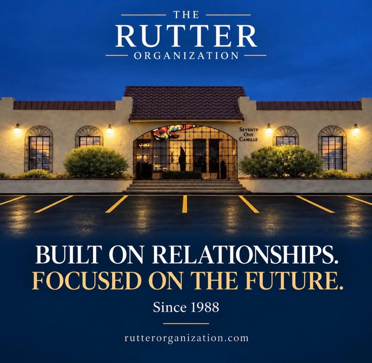Exterior view of a building with the text about the Rutter Organization's mission and history
